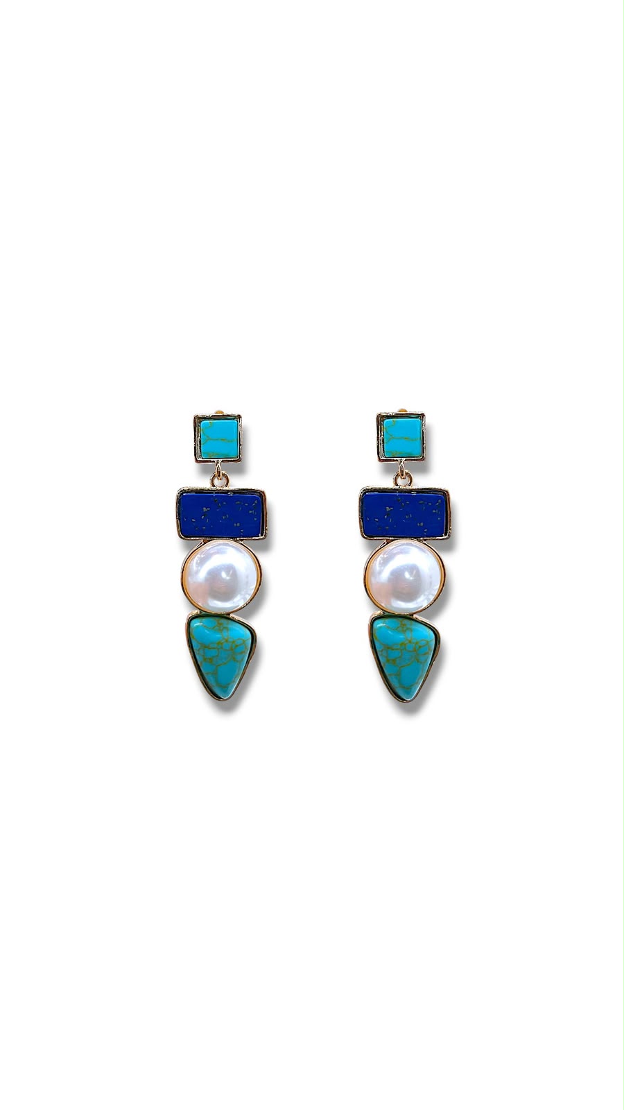 Aretes largos figuras en tono azul y turquesa